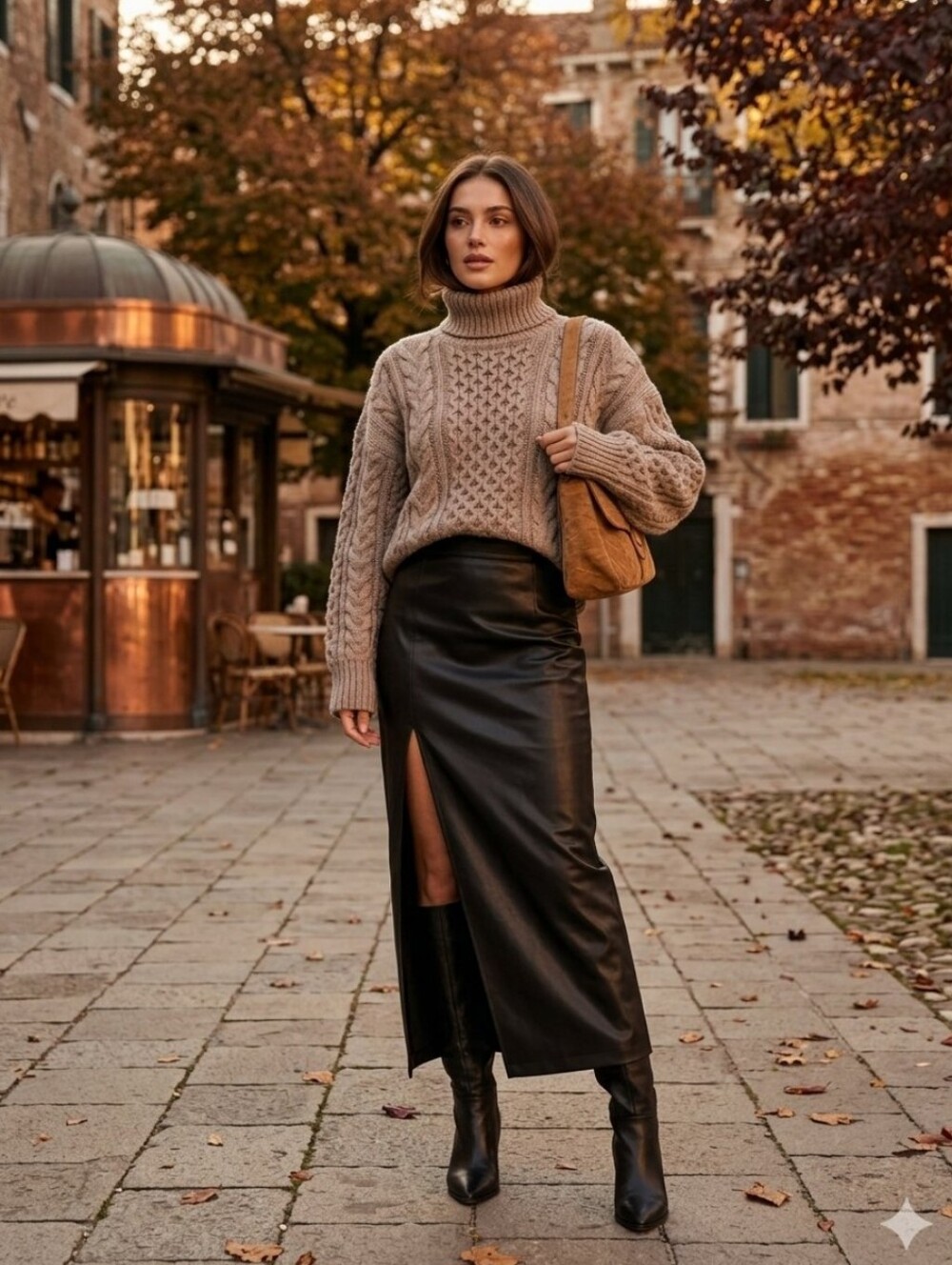 PU Leather Side-Slit Midi Skirt
